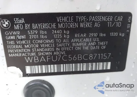2011 BMW 535I xDrive from USA, damaged, VIN WBAFU7C56BC871157